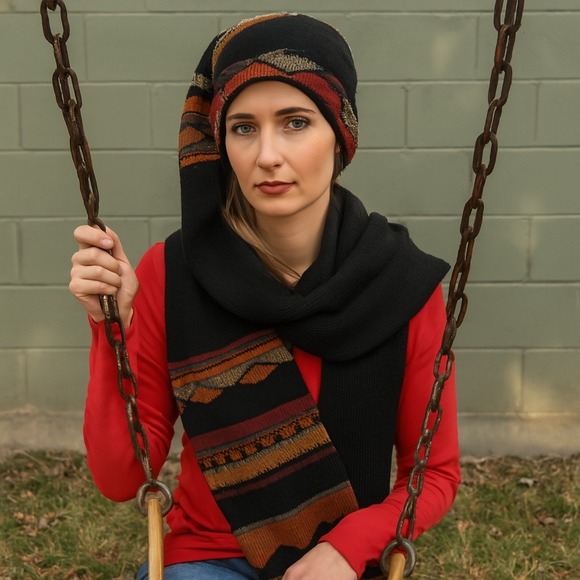 Peruvisn Soul Accessories - Peruvian Alpaca Wool‎ Beanie Scarf 2 in 1 Knit Black Sky Cabincore Peruvian Soul